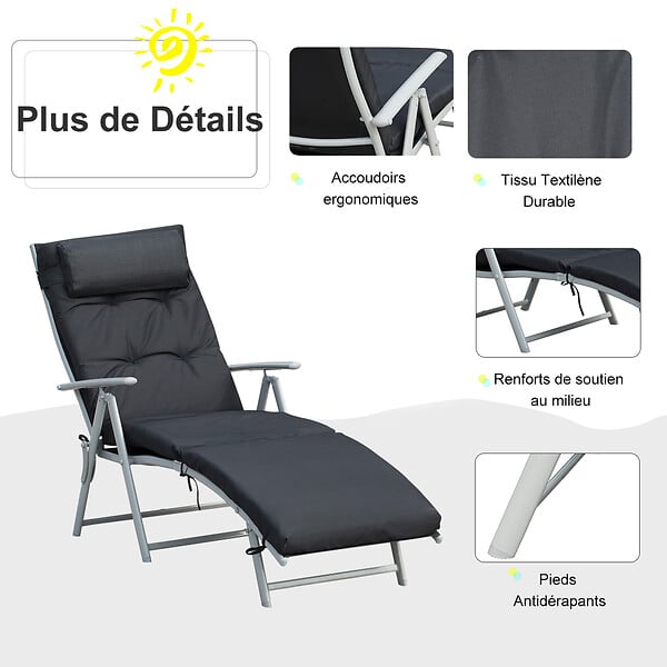 OUTSUNNY - Bain de soleil pliable transat inclinable 7 positions chaise longue grand confort avec matelas + accoudoirs métal époxy textilène polyester noir - large