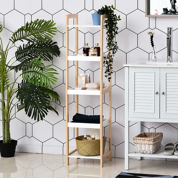 HOMCOM - Etagère en bambou de salle de bain étagère debout 3 paniers + 2 étagères dim. 32L x 30l x 130H cm beige blanc - large