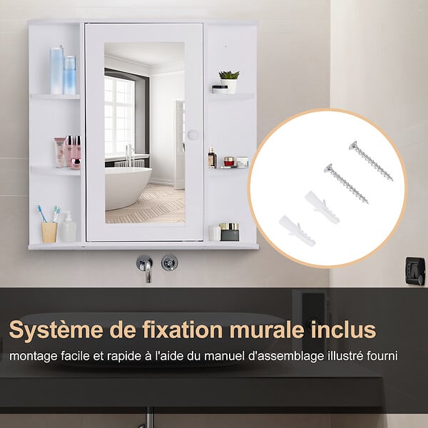 HOMCOM - Armoire murale salle de bain armoire à glace placard de rangement toilettes 1 porte + étagères latérales MDF blanc - large