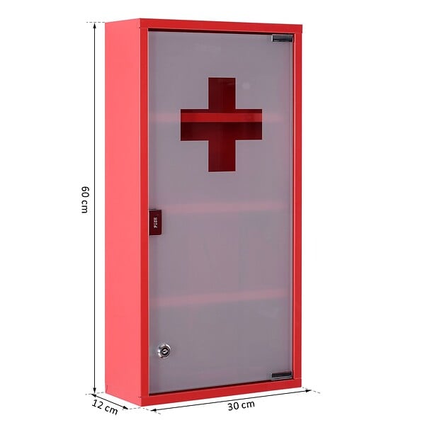 HOMCOM - Armoire à pharmacie 3 étagères 4 niveaux verrouillable porte verre trempé dépoli logo croix 30L x 12l x 60H cm acier inox rouge - large