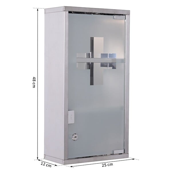 HOMCOM - Armoire à pharmacie 2 étagères 3 niveaux verrouillable porte verre trempé dépoli logo croix 25L x 12l x 48H cm acier inox - large