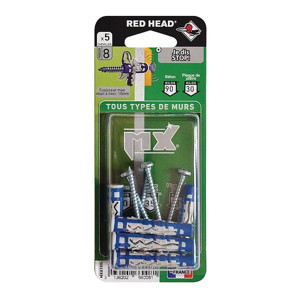 RED HEAD - Blister de 5 chevilles Mx 6x37mm + vis TF 3.5x50mm - large