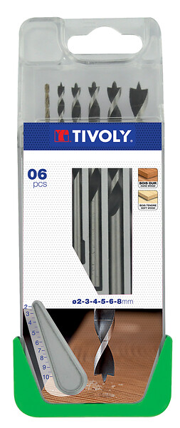 TIVOLY - Coffret 6 forets bois 3 pointes - Acier - Diam.2 à 8mm - large