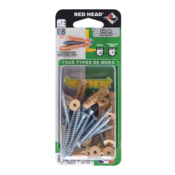 RED HEAD - Blister de 15 chevilles Grapex 8x32mm + vis TF 5x50mm - large