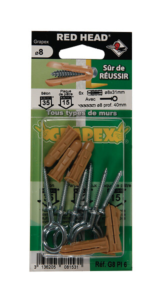 RED HEAD - Blister de 8 chevilles Grapex 8x32mm + pitons - large