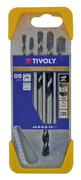 TIVOLY - Coffret 5 forets béton - queue cylindrique - carbure - large