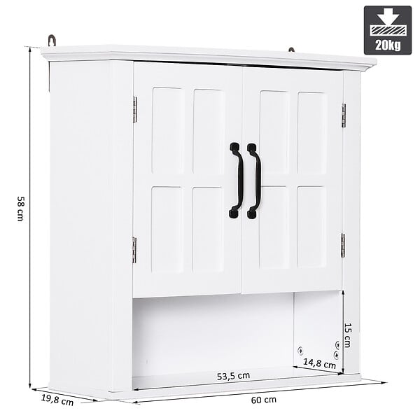 HOMCOM - Armoire haute murale de salle de bain ou WC placard 2 portes 2 étagères niche dim. 60L x 20l x 58H cm MDF panneaux particules blanc - large