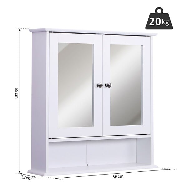 HOMCOM - Armoire murale étagère salle de bain 56L x 13l x 58H cm double porte miroir étagère réglable MDF blanc - large