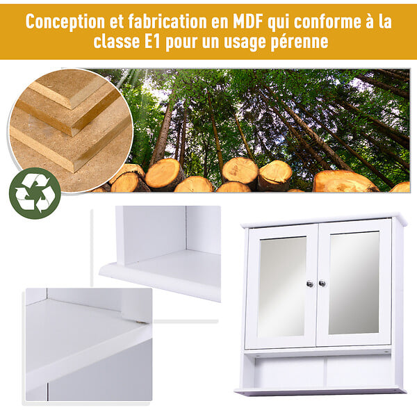 HOMCOM - Armoire murale étagère salle de bain 56L x 13l x 58H cm double porte miroir étagère réglable MDF blanc - large