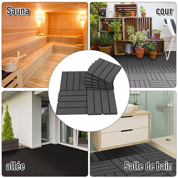 OUTSUNNY - Caillebotis - dalles terrasse - lot de  9 - emboîtables, installation très simple - petits carreaux composite plastique imitation bois noir - large