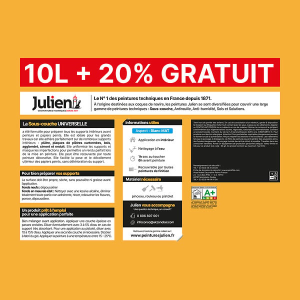 JULIEN - Peinture sous-couche universelle - Blanc - Mat - 10L+20% gratuit - large