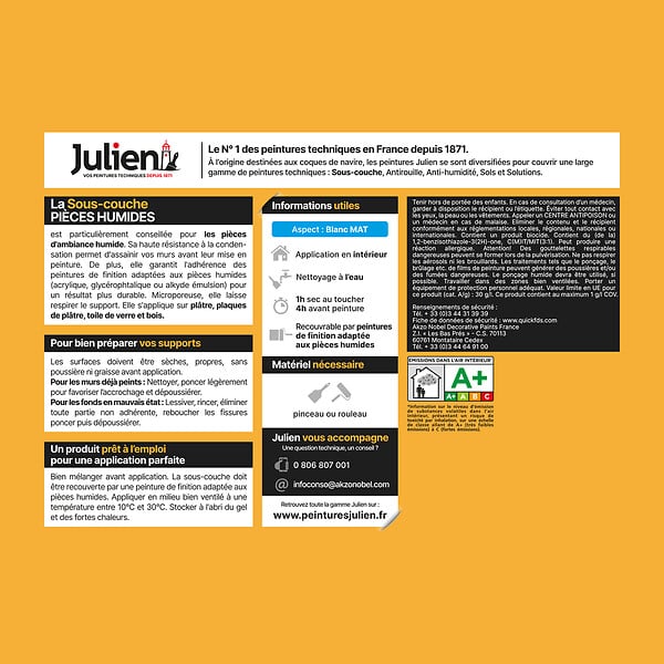 JULIEN - Peinture sous-couche - Blanc - mat - Pièces humides - 2,5L - large