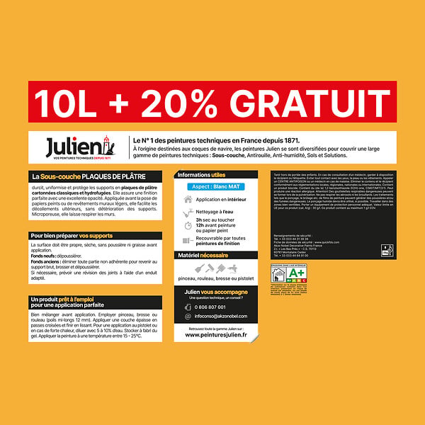 JULIEN - Sous-couche plaque de plâtre - J6 - Blanc - 12L - large