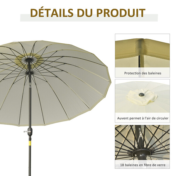 OUTSUNNY - Parasol inclinable rond avec manivelle métal fibre de verre Ø 2,55 m polyester haute densité beige - large