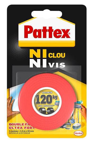 PATTEX - Rouleau adhésif Fixation NCNV 120kg 19mmx1.5m - large