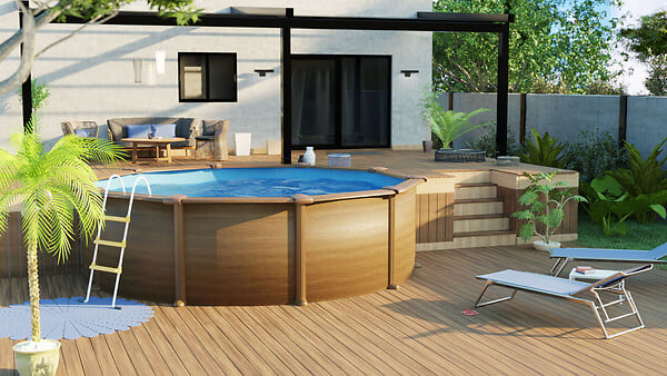 GRE - Piscine ronde acier dim. 320x320x122cm - Imitation bois - large