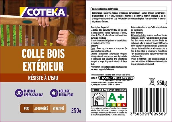 COTEKA - Colle bois extérieur résistante à l'eau 250g - large