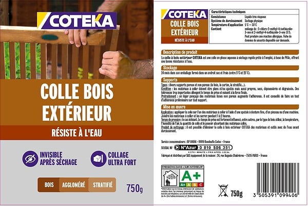COTEKA - Colle bois extérieur résistante à l'eau 750g - large