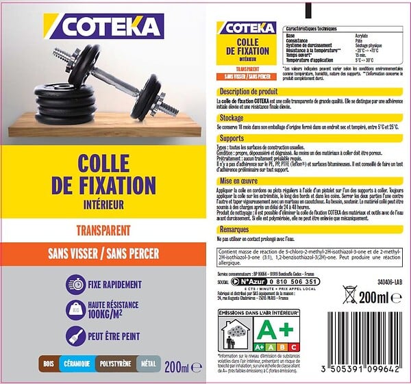 COTEKA - Colle fixation intérieur transparent tube 200ml - large