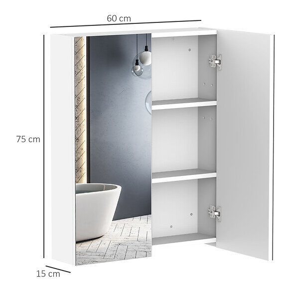 HOMCOM - Armoire avec miroir en bois rangement salle de bain fermeture porte tampon MDF blanc - large