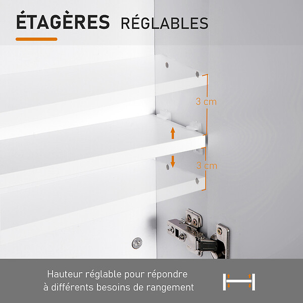 HOMCOM - Armoire avec miroir en bois rangement salle de bain fermeture porte tampon MDF blanc - large