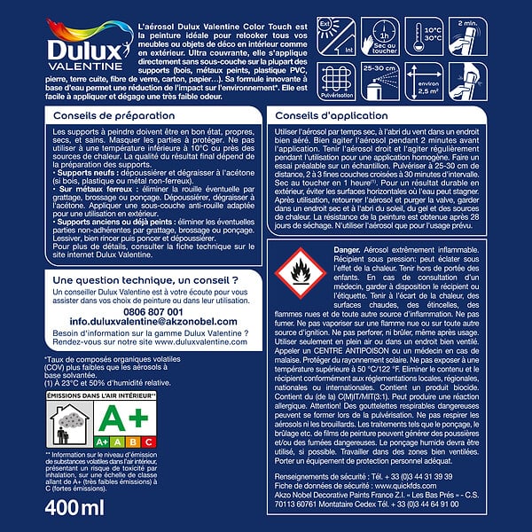 DULUX VALENTINE - Bombe de peinture - Blanc - Brillant - 400ml - large