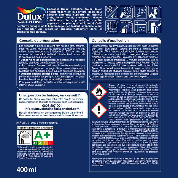 DULUX VALENTINE - Bombe de peinture Color Touch - Phosphorescent - Jaune Fluo - 400ml - large